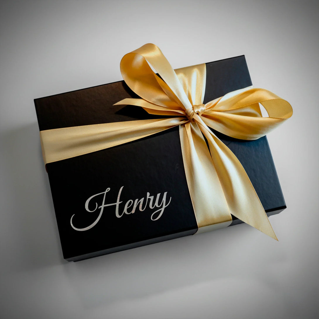 Personalized men's leather wallet and belt gift set in black box with gold ribbon and custom name Henry