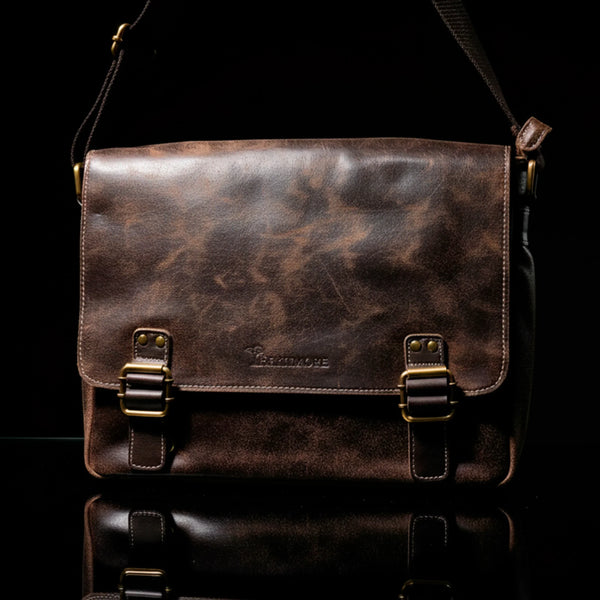personalized leather messenger bag for men with brass buckles, dark brown gift accessory