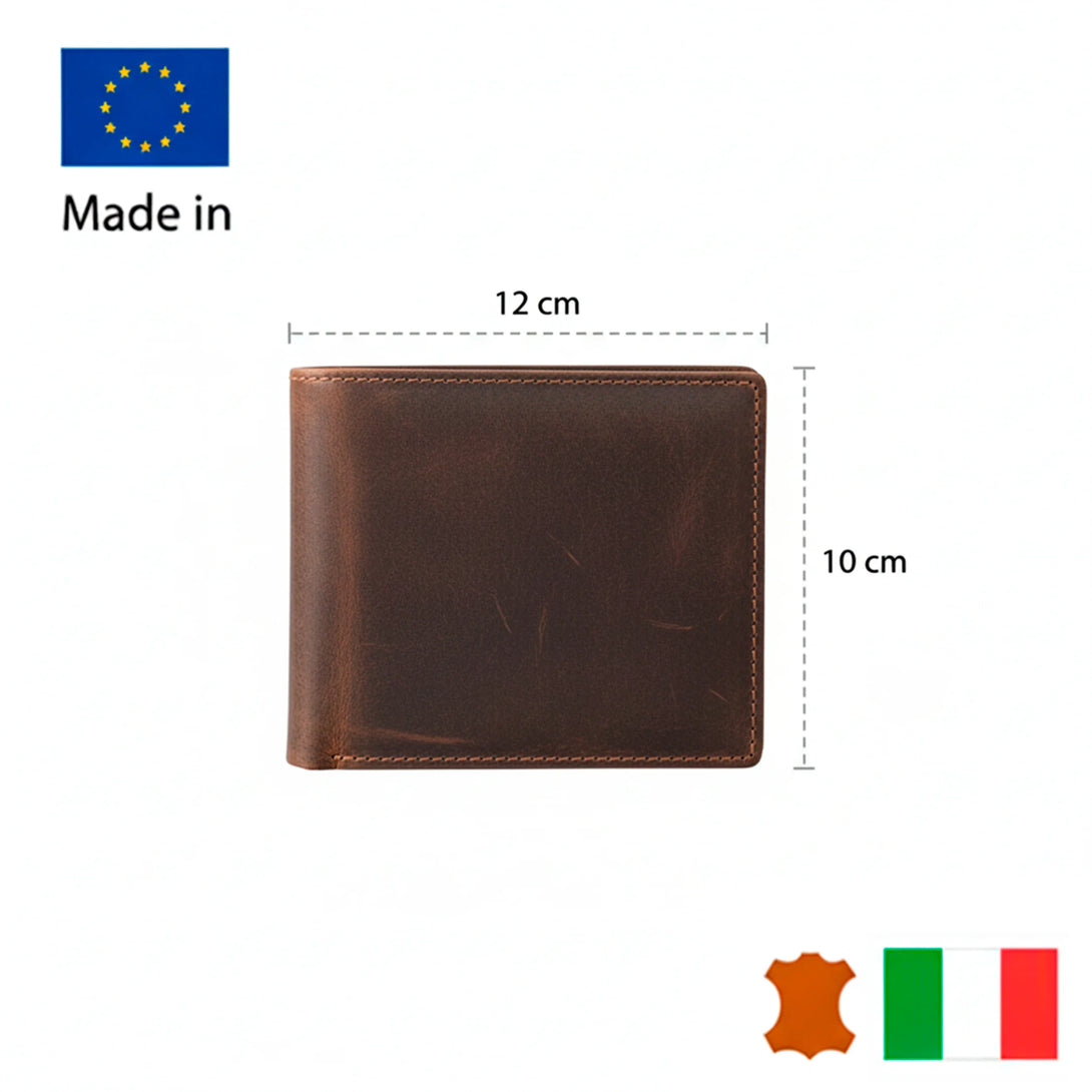 Personalized brown leather wallet for men measuring 12x10 cm, made in Italy