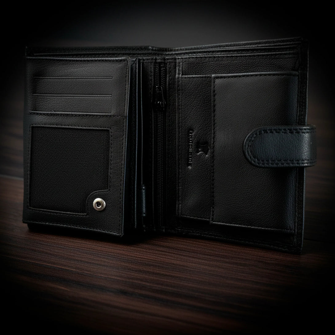 Personalized black leather wallet for men with multiple card slots and coin pouch