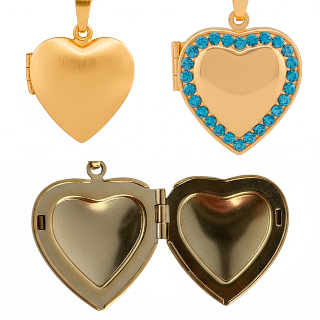 Gold heart-shaped locket with blue stones, personalized men's leather wallet gift accessory