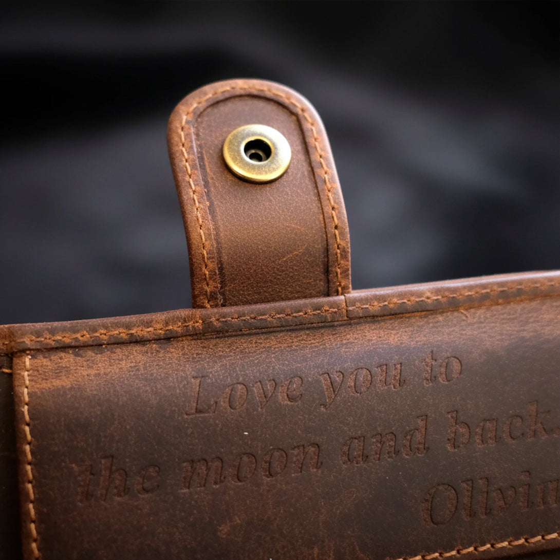 Personalized brown leather wallet for men with engraved message and brass snap button