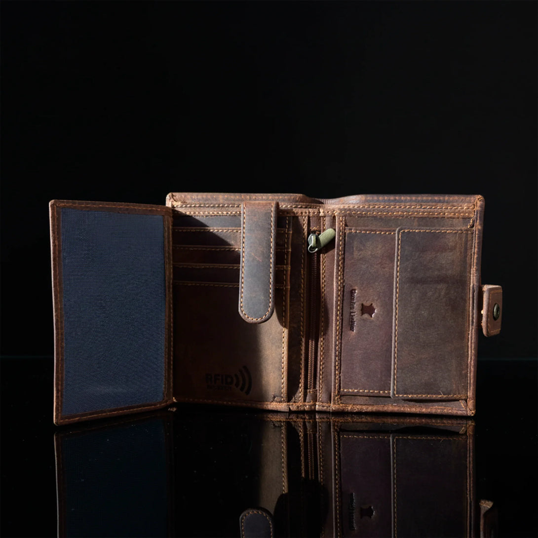 Personalized brown leather wallet with multiple compartments for men gift